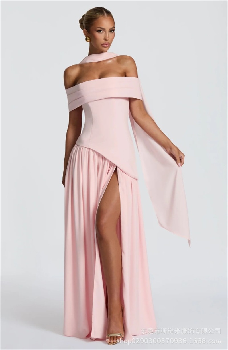 Women Formal Party Wear Dress - Pembe Kadın Balo Elbisesi Eşarp Ile