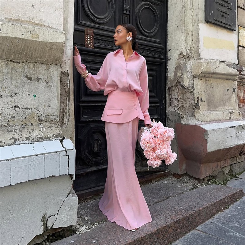 Women Formal Party Wear Dress - Sonbahar Pembe Siyah Kadın Takım Elbise