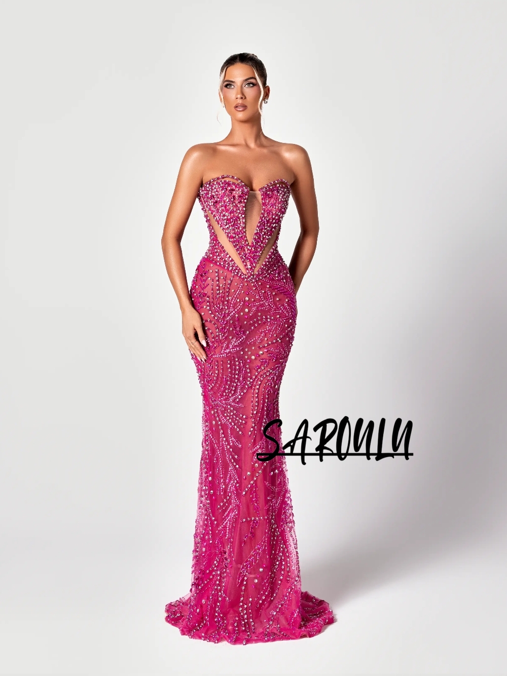 Formal Gala Wear Women - Fuşya Kesim Tatlı Abiye Elbise İllüzyon