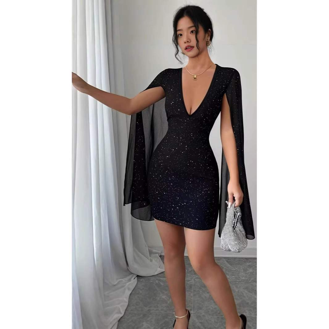 Women Formal Party Wear Dress - V Yaka Dar Kesim Midi Elbise