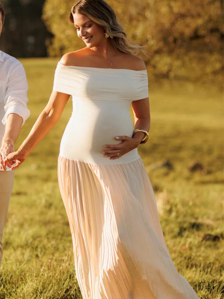 Women Formal Wear Photoshoot - Hamilelik Fotoğrafçılığı Elbisesi Omuzları Açık Pileli